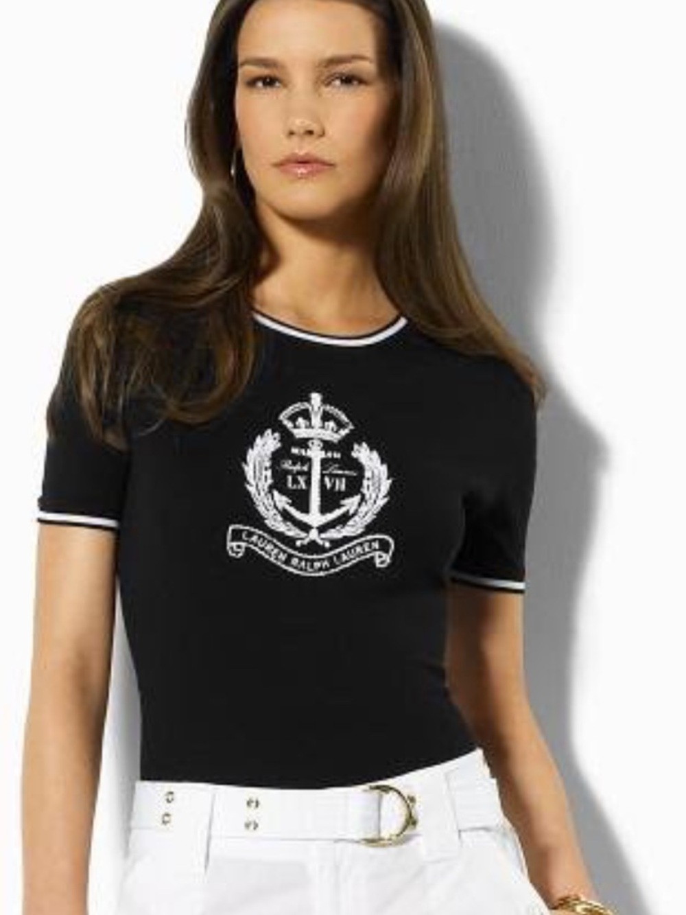 Lauren Ralph Lauren Black Anchor Crest T-Shirt White Embroidery & Beads Petite S